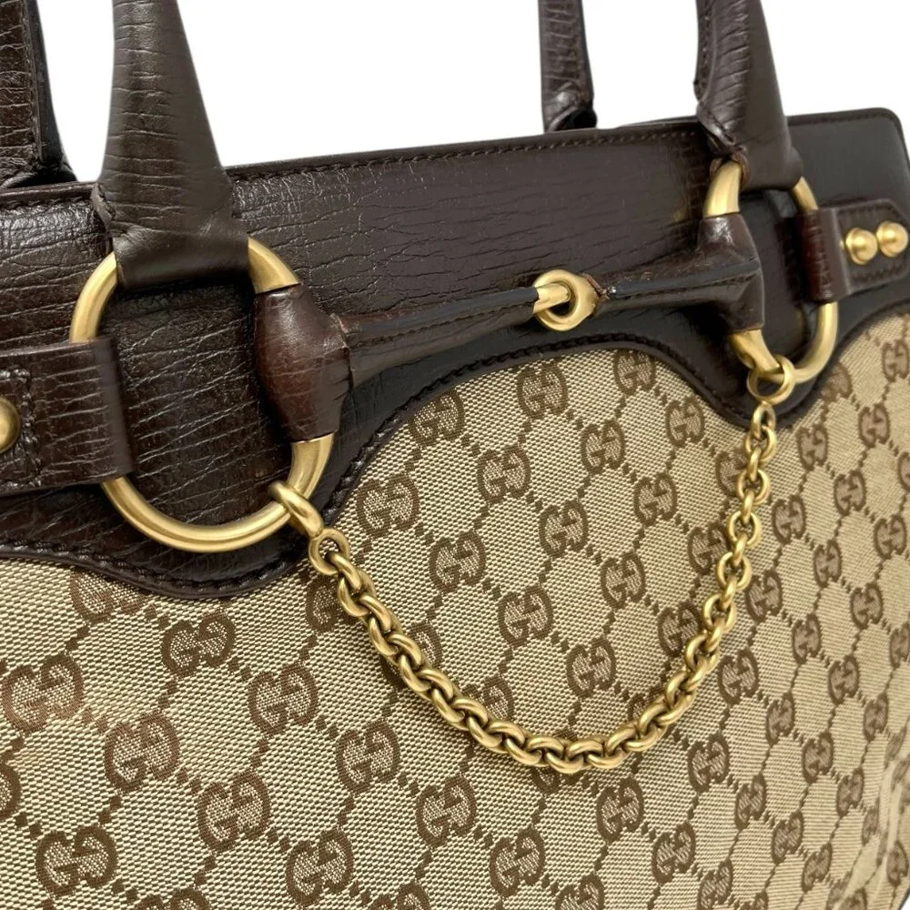 GUCCI Vintage Monogram Horsebit Chain Shoulder Bag Beige Brown Canvas [105425] - Picture 9 of 13